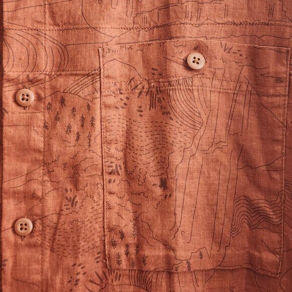 REI Cooperative Shirt Mens 2XL Rust Brown Organic Cotton Hemp Outdoors Map Print - Picture 2 of 10